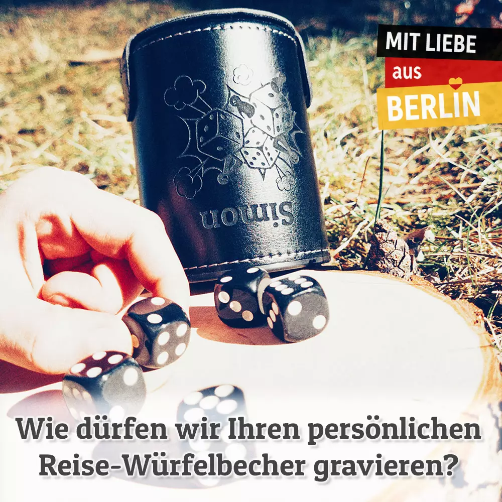 Schwarzer Knobelbecher mit Gravur gravieren Motiv Name personalisiert Würfelbecher Leder