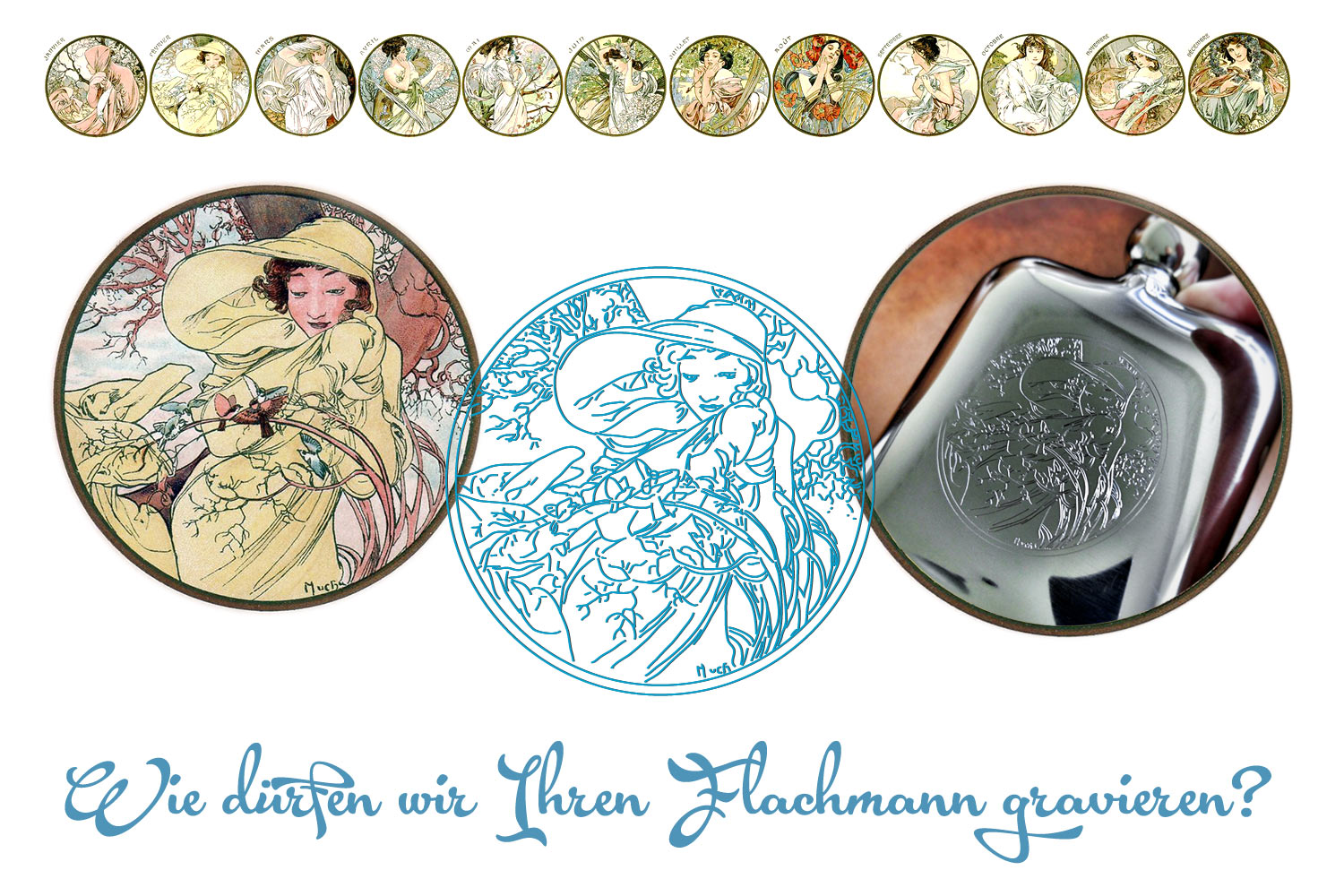 Flachmann mit Bild Gravur - Alfons Mucha Kalender gravieren