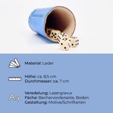 Blauer Würfelbecher mit Motivauswahl
