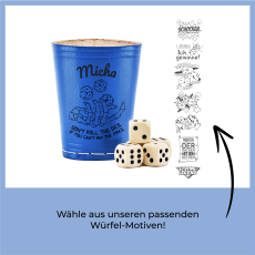 Blauer Würfelbecher mit Spielwürfeln